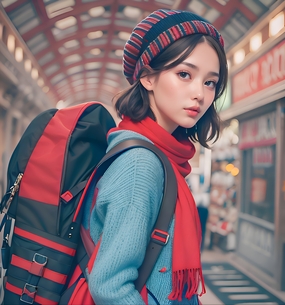 面朝镜头的背包旅行美女摄影图片